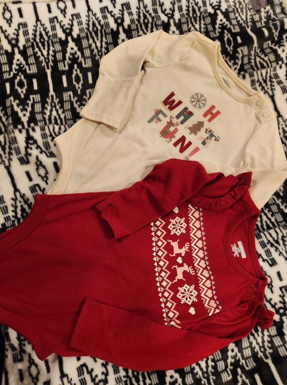 Holiday Reindeer Bodysuits — Red & Cream Long-Sleeve Baby Tops, Size 24M
